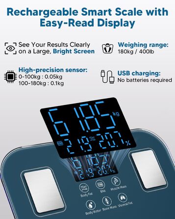 Ваги для тіла Arboleaf з USB зарядкою: аналіз жиру, м'язів, BMI та 14 показників. Цифрові ваги до 180 кг з LED-дисплеєм