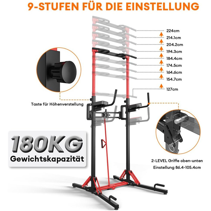 Багатофункціональна силова станція ONETWOFIT Power Tower: турнік, бруси та силовий стійка, регулювання висоти 127-220 см, навантаження до 180 кг, чорний