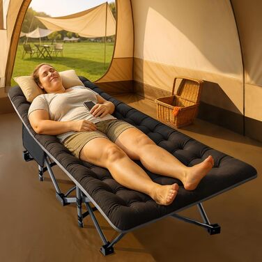 Розкладне кемпінгове ліжко MOPHOTO для дорослих з матом, 198 x 81,5 x 46 см, чорне