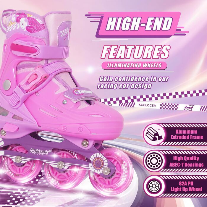 Інлайне ролики Nattork для дітей та дорослих, регульовані, рожеві, розмір 32-36