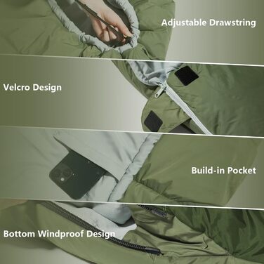 Спальний мішок BISINNA Mumienschlafsack -10°C - 5°C [400GSM] для туризму, кемпінгу та подорожей, зелений