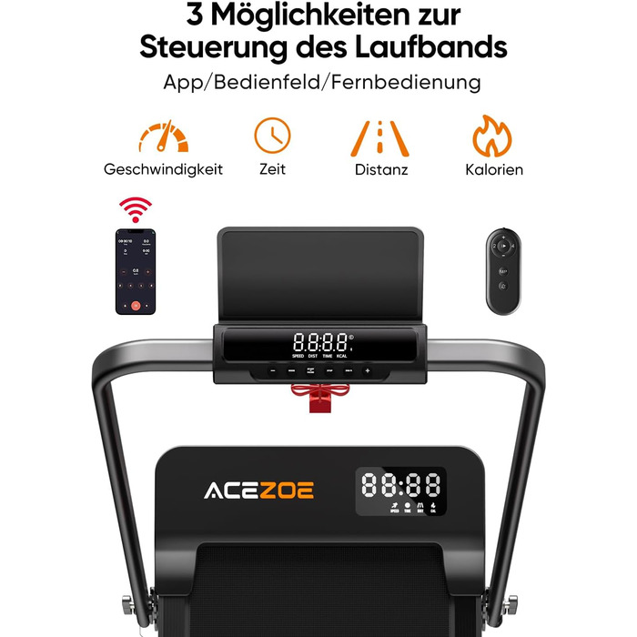 Біговий тренажер 6-в-1 для дому, складаний, з регулюванням нахилу 10% та ручками. Макс. вага 135 кг, LED-дисплей, пульт ДУ та додаток. Без встановлення (Чорний/Помаранчевий)