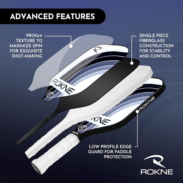 Професійна ракетка для піклболу ROKNE Curve Classic, скловолокно, сертифікована USAPA, ProGrit текстура для максимального обертання та потужності, з чохлом