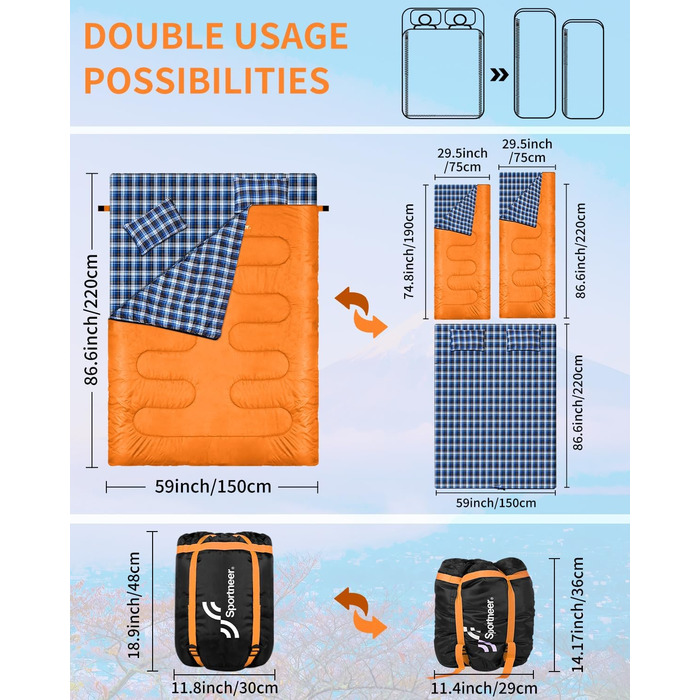 Сплячий мішок Outdoor Sportneer для 2 осіб: двомісний спальний мішок на 3 сезони, 220x150 см, 2.75 кг з 2 подушками, для дорослих, оранжевий (без фланелевої підкладки)