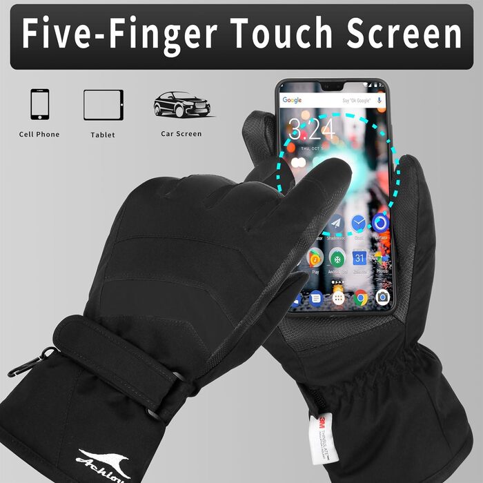 Зимові гірськолижні рукавички Achiou з ізоляцією 3M Thinsulate, водонепроникні, з підтримкою сенсорного екрана, чорні, розмір XL (унісекс)