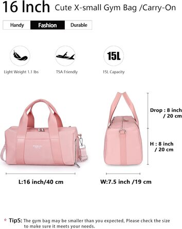 Спортивна сумка 16 дюймів для жінок та дітей з відділенням для взуття та водонепроникним розділенням. Ідеальна для фітнесу, танців, плавання та подорожей (рожева)
