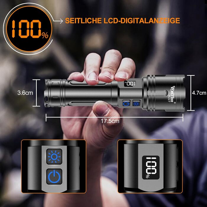 Ліхтар налобний Relybo LED XHM90.2, 1000000 Люмен, USB, тактичний, регулювання яскравості, чорний