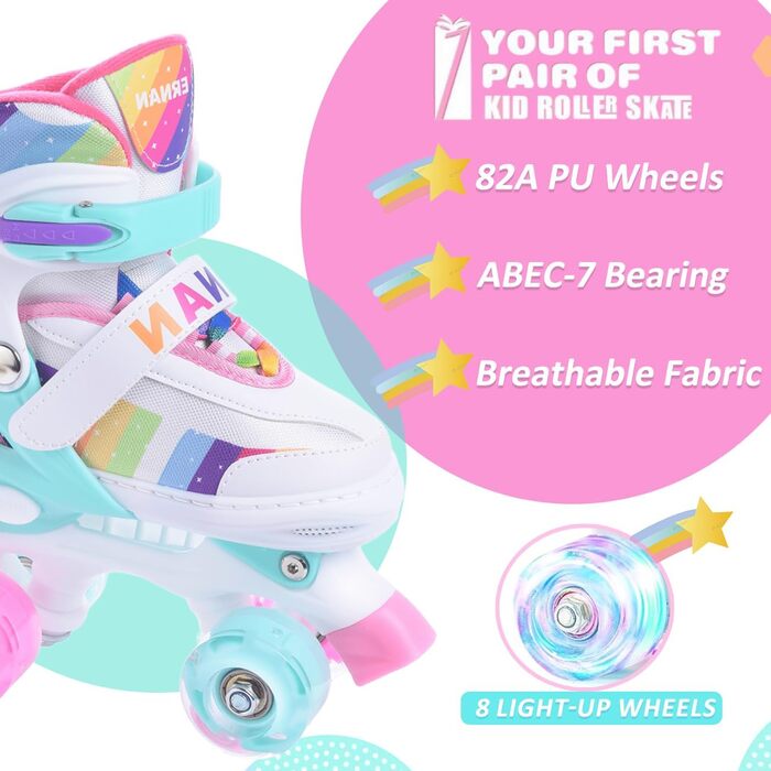 Роликові ковзани для дівчаток ERNAN, регульовані, LED, для підлітків та початківців. 4 розміри, рожевий колір