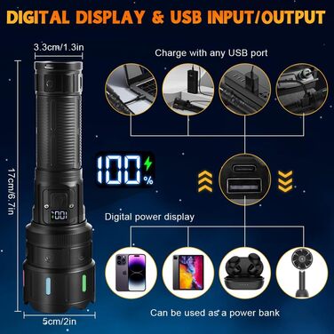 Ліхтар LED Vicloon, 500000 люмен, надпотужний, з регулюванням фокусу, 5 режимів, USB-C, водонепроникний IP53, для кемпінгу, туризму, надзвичайних ситуацій