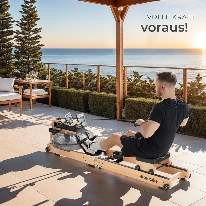 Гребний тренажер tectake з водяним опором та пульсоміром, складаний дерев'яний симулятор веслування для дому, до 150 кг