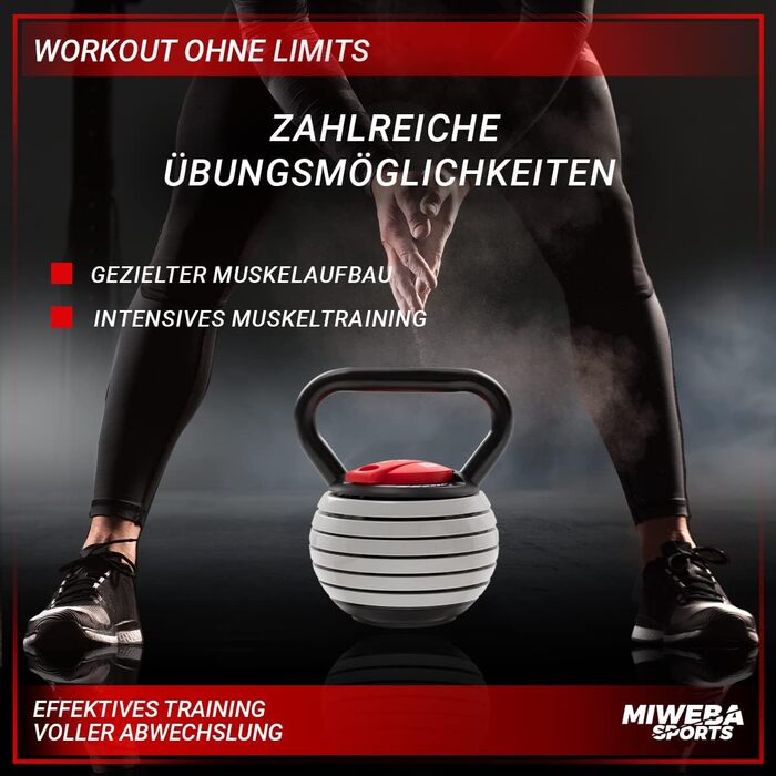 Регульована гиря Miweba Sports KB300 3,5-18 кг для фітнесу, Easy Lock, універсальна для тренувань у приміщенні та на вулиці