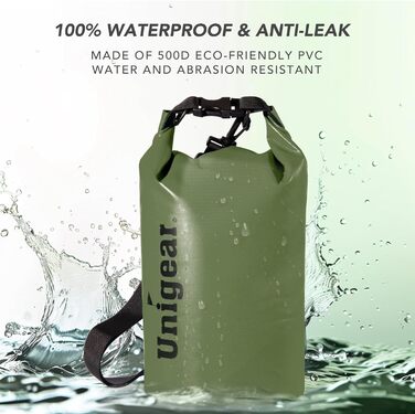 Водонепроникний мішок Unigear Dry Bag 2L/5L/10L/20L/40L для каяку, риболовлі, кемпінгу, пляжу, з кишенею для телефону та ременями, армійний колір