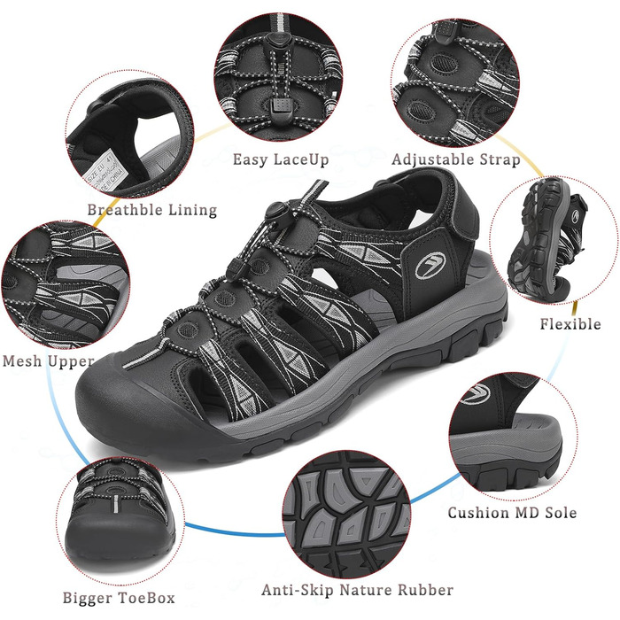 Чоловічі сандалі FLARUT для активного відпочинку та туризму (42 EU, чорно-білі)