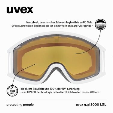 Гірськолижна маска Uvex g.gl 3000 LGL унісекс, біла матова з лінзою LaserGold Lite-Blue, посилення контрасту та захист від запотівання