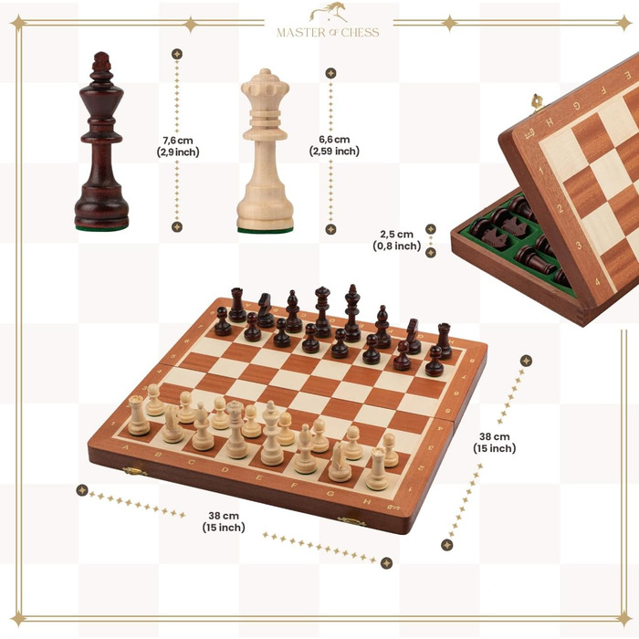Професійний шаховий набір Master Of Chess №4, інтарсне дерев'яне шахове поле 42 см, високоякісні фігури Staunton для дітей та дорослих