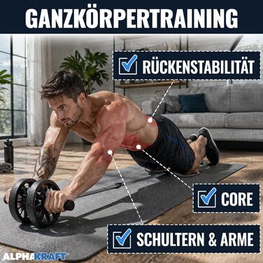 ALPHAKRAFT Ролик для пресу AB Roller з гумовим кільцем та накладками на коліна | Преміум ролик для тренування м'язів живота вдома | Ролик для пресу та тренажер для кора з планом тренувань