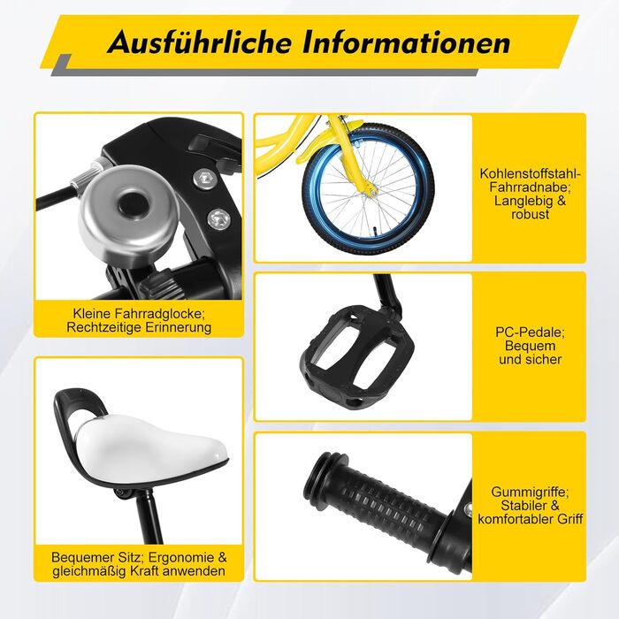 Дитячий велосипед 16 дюймів для дітей 5-8 років (105-135 см), міцний сталевий велосипед з додатковими колесами, регульоване сидіння та кермо (жовтий)