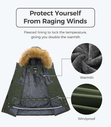 Wantdo Дана Водонепроникна Лижна Куртка, Вітрозахисна, Зі штучним хутром, для гірськолижного спорту та сноубордингу (Зелена, XXL)