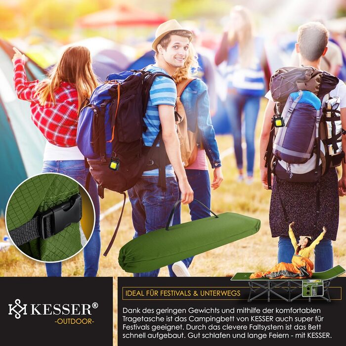 Розкладне ліжко KESSER® для кемпінгу: стабільне металеве ліжко з сумкою, ліхтарем та бічною кишенею, 210 см