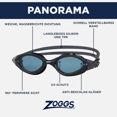 Окуляри для плавання Zoggs Panorama: UV-захист, антифог, комфорт, герметичність, регульоване кріплення, панорамний огляд (Чорний/Чорний/Димчастий)