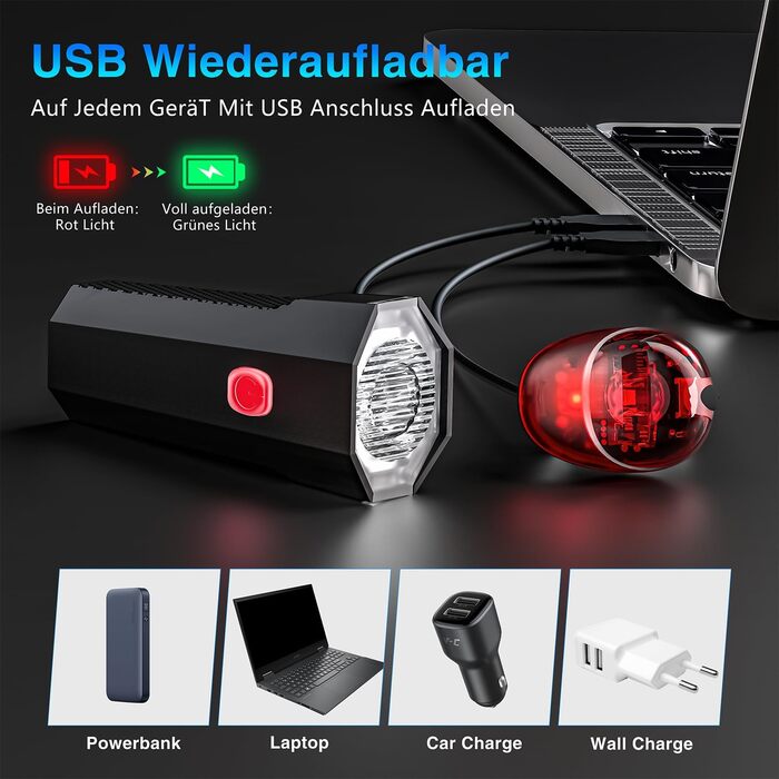 Набір LED-ліхтарів для велосипеда, перезаряджуваний, сертифікований STVZO, водонепроникний, з USB-зарядкою. Фронтальний та задній ліхтарі для велосипеда. Чорний.