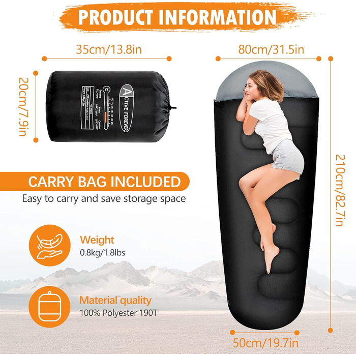 Сплячий мішок ACTIVE FOREVER Mumienschlafsack для туризму, кемпінгу та подорожей: літо, весна, осінь