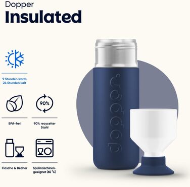 Індивідуальна термобутилка Dopper Insulated 580 мл, нержавіюча сталь, двостінна, термочашка для кави і чаю, герметична, тримає 24 год холод, 9 годин тепло, Breaker Blue