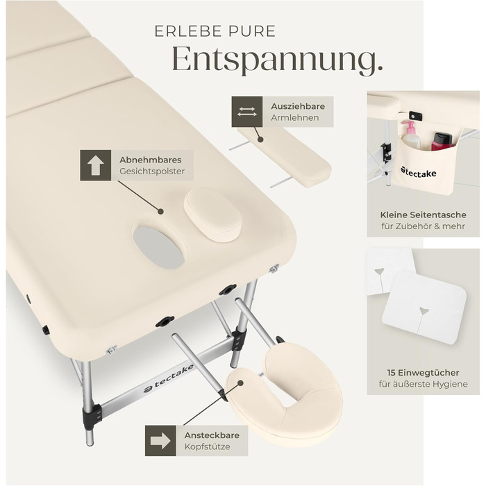 Масажний стіл Tectake 3 зони, складаний, регульована висота, з аксесуарами (головна підтримка, підлокітники, сумка) - Бежевий