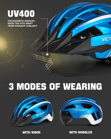 Велосипедний шолом VICTGOAL MTB з магнітним візором, LED підсвіткою, знімним козирком, для дорослих чоловіків і жінок, металево-синій, розмір L (57-61 см)