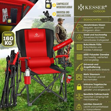 Кресlo для кемпінгу KESSER® - складне, 160 кг, з підлокітниками, кишенею для напоїв та сумкою | Стілець для риболовлі, пляжу, відпочинку