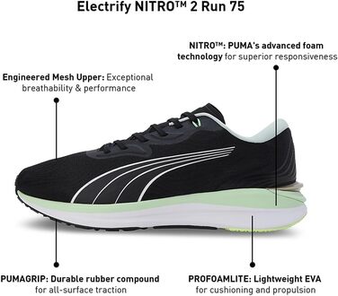 Кросівки Puma Electrify Nitro 2 Run 75 для бігу по місту, 45 EU, Puma Black Light Mint Puma Gold