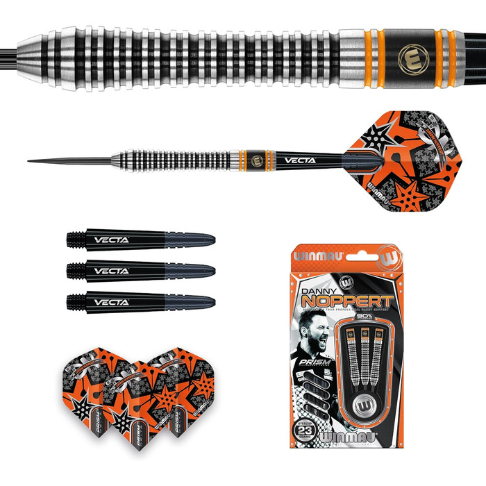 Професійний набір дартсів WINMAU Danny Noppert 2.0, вольфрамові дротики 23 г з оперенням і стрижнями
