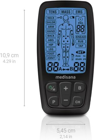 Medisana TT 205 TENS/EMS: електростимулятор для зняття болю та розслаблення м'язів. Комплект з 4 електродними подушечками. Тренувальний пристрій для нарощування м'язів.