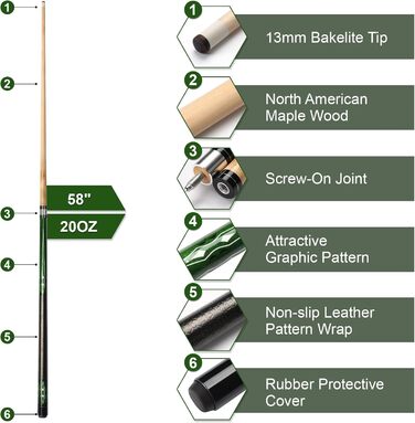 Більярдний кий Pool Queue 58 дюймів з канадського клена, 13 мм наконечники, для професійних гравців, 1/2 кленові кийки, 18oz