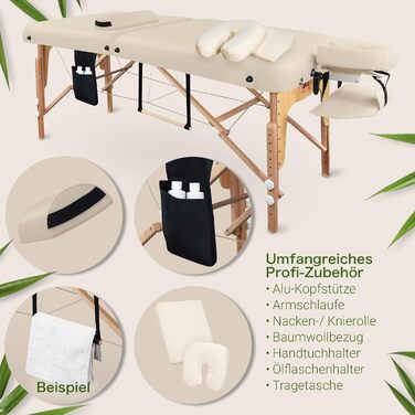 Масажне ліжко MASSUNDA Mobile Comfort Deluxe – розкладне, регульоване по висоті, широке, з дерев'яною основою, з підголовником, підлокітниками, подушкою (кремовий)