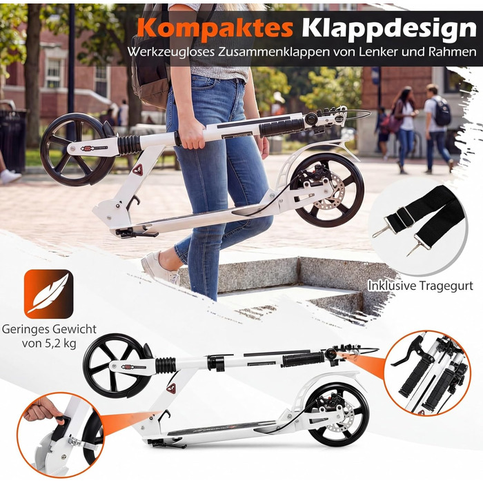 COSTWAY Розкладний електросамокат для дітей та дорослих, білий. Самокат з дзвінком, підніжкою, вантажопідйомністю 100 кг та ременем для перенесення
