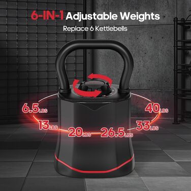 Кетлбел HXD-ERGO 6-в-1 регульований (3-18 кг) з швидкою зміною ваги, широким грифом, компактний для дому та тренажерного залу (чорний/червоний)