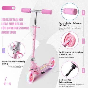 Самокат дитячий Roller Kinder 2 колеса, складаний, рожевий, з LED підсвіткою, регульована висота (3-12 років)