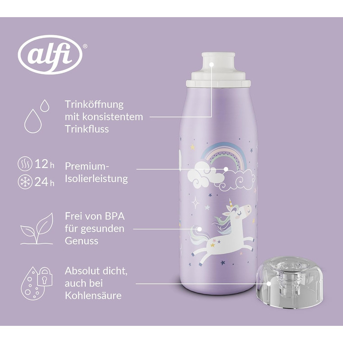 Дитяча термос-пляшка alfi KIDS ISO 350 мл, ліловий Єдиноріг, нержавіюча сталь, герметична, зберігає тепло 12 годин, холод 24 години, для газованих напоїв, BPA-free