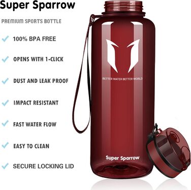 Пляшка для води Super Sparrow 1.5 л, герметична, спортивна, BPA-free, імперсько-червона, для школи, спорту, велосипеда