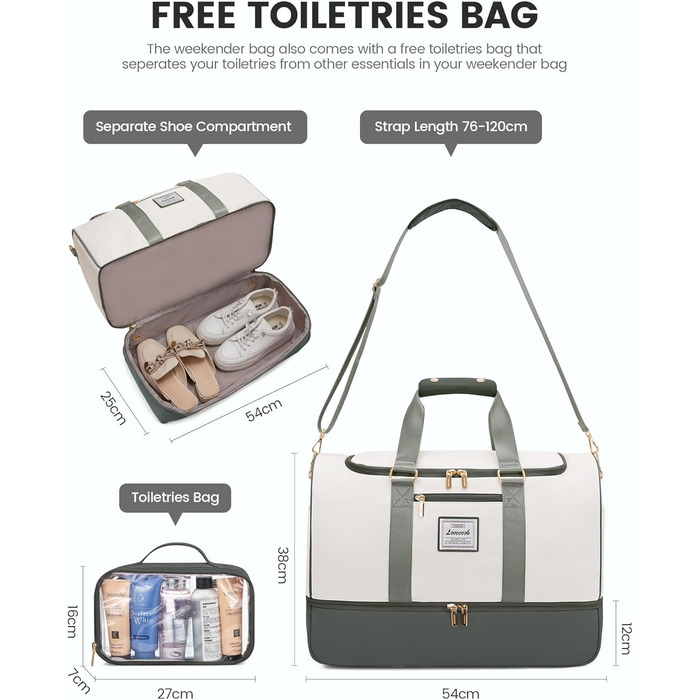 Сумка-валіза LOVEVOOK 37L для подорожей та спортзалу, водонепроникна, з відділенням для взуття та мокрих речей, зелено-бежева