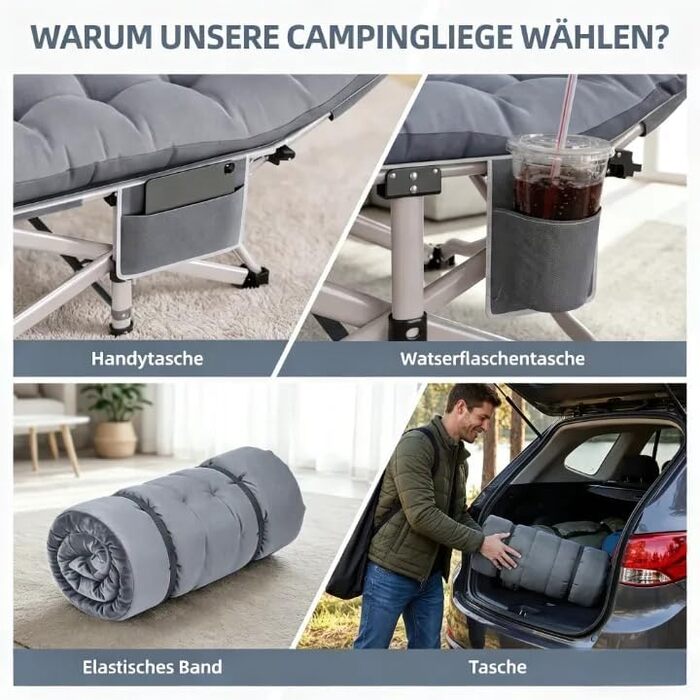 Ліжко туристичне розкладне Feldbett XXL 250 кг 2 шт сіре - 7 зон, 1200D Oxford, кут нахилу 15°, для кемпінгу, саду, палатки