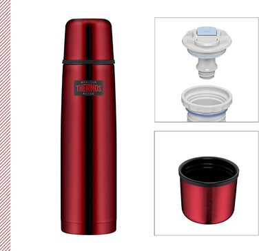 Термос для напоїв Thermos Light & Compact 1 л, нержавіюча сталь, червоний, ізольована пляшка з кришкою-чашкою, зберігає тепло/холод 24 години, герметична, BPA-free, можна мити в посудомийній машині