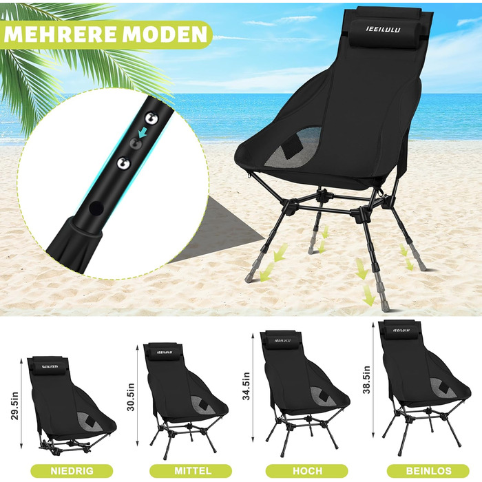 Складний туристичний стілець IEEILULU з високою спинкою, чорний. Макс. навантаження 130 кг, 2 кишені. Підходить для кемпінгу, риболовлі, пікніків та відпочинку на природі.