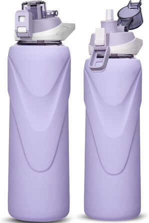 Скляна спортивна пляшка DEARRAY 1 л із трубочкою, силіконовим чохлом, не протікає, BPA-free, для води, смузі, газованих напоїв, світло-фіолетова