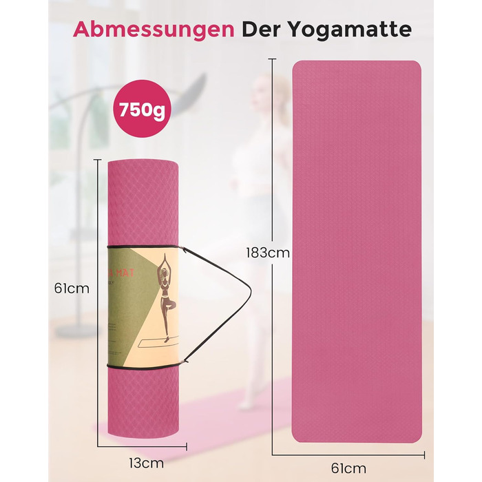 Йога-килимок Narwhal протиковзкий з TPE для фітнесу, пілатесу та тренувань, з ременем для перенесення, 183 x 61 x 0.6 см, колір слива-рожевий