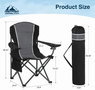 Крісло для кемпінгу High Point Sports складне, 160 кг, чорне, з підстаканниками