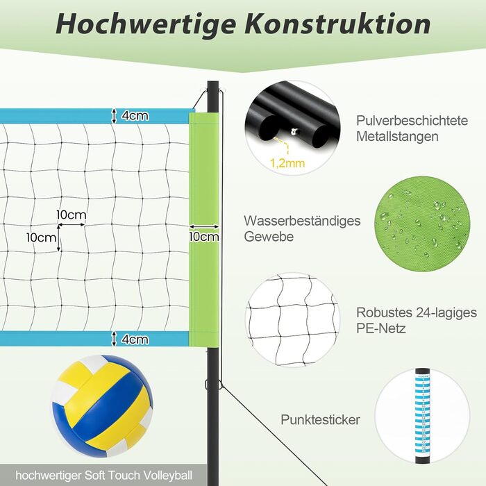 Волейбольна сітка COSTWAY Outdoor 9.5 x 1 м з регулюванням висоти, стійка, насос, молоток та сумка. Для саду, пляжу, двору.