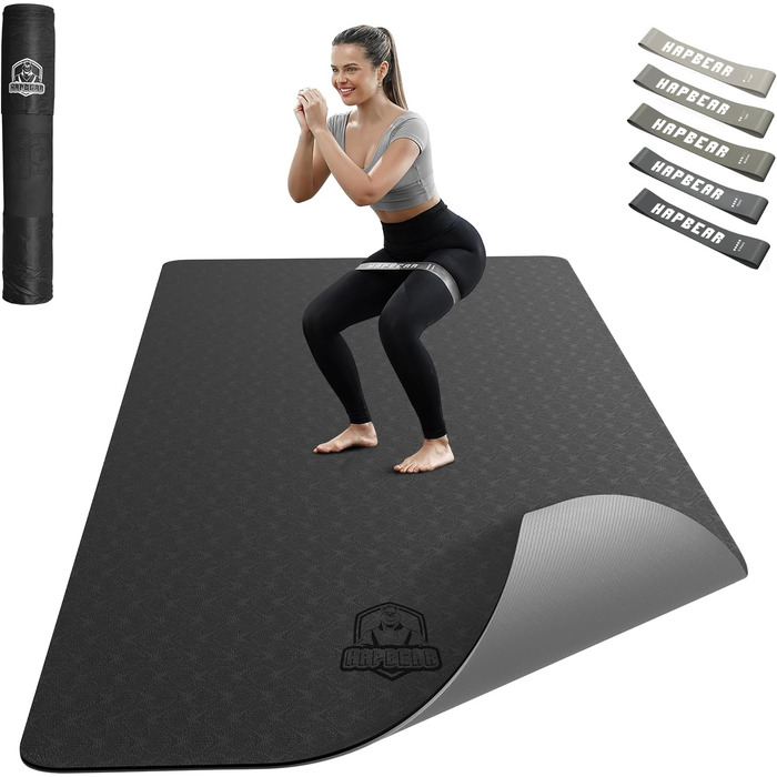 Килимок для йоги HAPBEAR XXL 183x91x0,6 см, TPE, нековзкий, широкий, з еспандерами та сумкою для перенесення