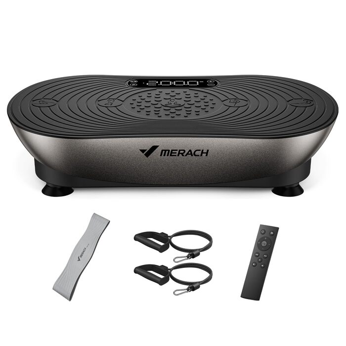 Віброплатформа MERACH для фітнесу та схуднення, 99 рівнів, Bluetooth, LED-дисплей, еластичні стрічки (Срібна)